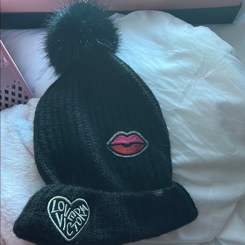 Victoria's Secret Black Knit Beanie with Pink Lips